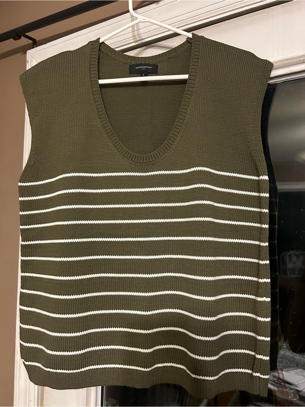 Banana Republic Women’s Olive Green and White Striped Knit Vest